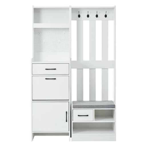 Móvel de entrada 110x35x175,5 cm - 7 em 1 com sapateira, 7 ganchos, 2 gavetas, branco Móvel de entrada 110x35x175,5 cm - 7 em 1 com sapateira, 7 ganchos, 2 gavetas, branco