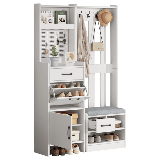 Móvel de entrada 110x35x175,5 cm - 7 em 1 com sapateira, 7 ganchos, 2 gavetas, branco Móvel de entrada 110x35x175,5 cm - 7 em 1 com sapateira, 7 ganchos, 2 gavetas, branco