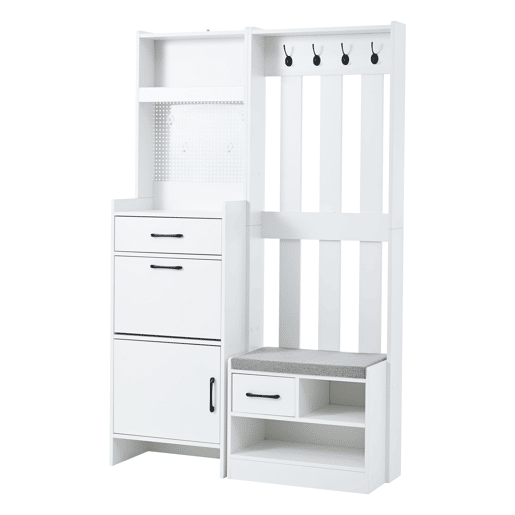 Móvel de entrada 110x35x175,5 cm - 7 em 1 com sapateira, 7 ganchos, 2 gavetas, branco Móvel de entrada 110x35x175,5 cm - 7 em 1 com sapateira, 7 ganchos, 2 gavetas, branco