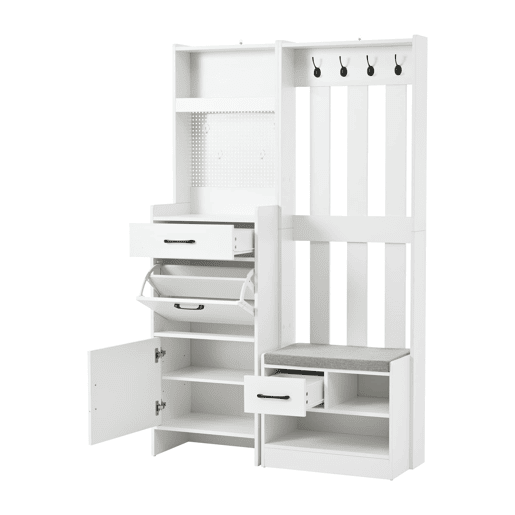 Móvel de entrada 110x35x175,5 cm - 7 em 1 com sapateira, 7 ganchos, 2 gavetas, branco Móvel de entrada 110x35x175,5 cm - 7 em 1 com sapateira, 7 ganchos, 2 gavetas, branco