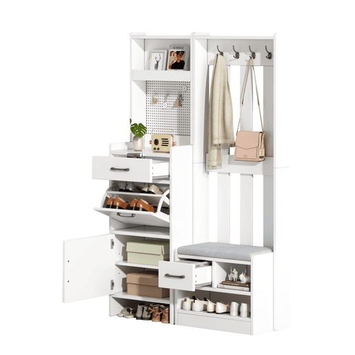 Móvel de entrada 110x35x175,5 cm - 7 em 1 com sapateira, 7 ganchos, 2 gavetas, branco Móvel de entrada 110x35x175,5 cm - 7 em 1 com sapateira, 7 ganchos, 2 gavetas, branco