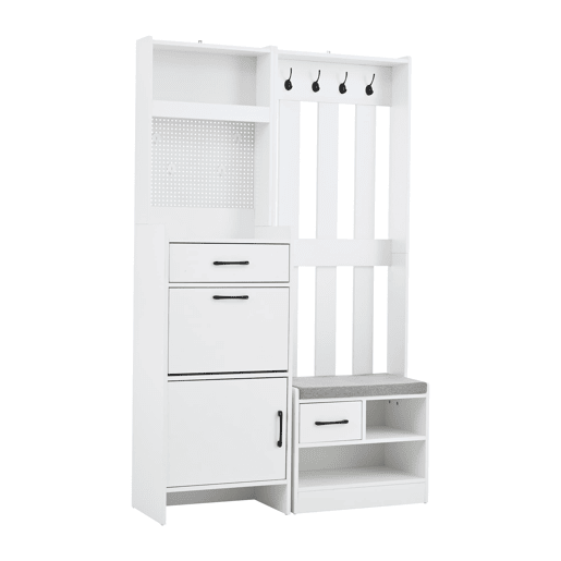 Móvel de entrada 110x35x175,5 cm - 7 em 1 com sapateira, 7 ganchos, 2 gavetas, branco Móvel de entrada 110x35x175,5 cm - 7 em 1 com sapateira, 7 ganchos, 2 gavetas, branco