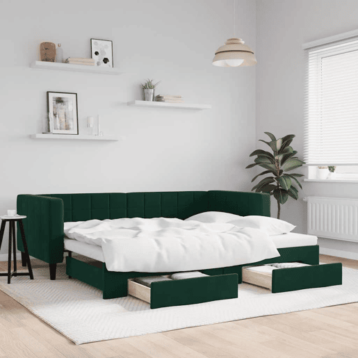 Sofá-cama, Sofá conversível c gavetão e gavetas 80x200cm veludo verde-escuro Sofá-cama, Sofá conversível c gavetão e gavetas 80x200cm veludo verde-escuro