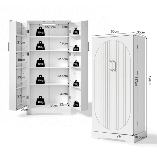 Aparador 60x35x128 cm - multifuncional com luz LED, prateleiras ajustáveis, portas duplas - branco