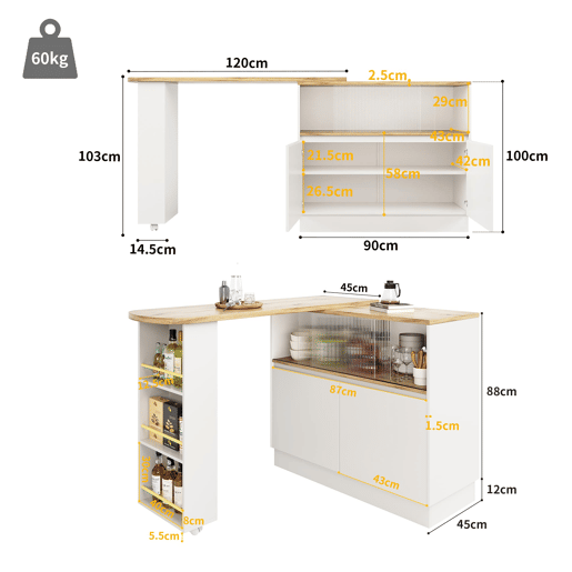Aparador 90x45x100 cm - multifuncional, giratório, com prateleiras e vidro - Branco