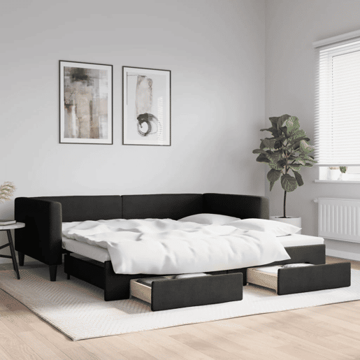 Sofá-cama, Sofá conversível com gavetão e gavetas 100x200 cm tecido preto
