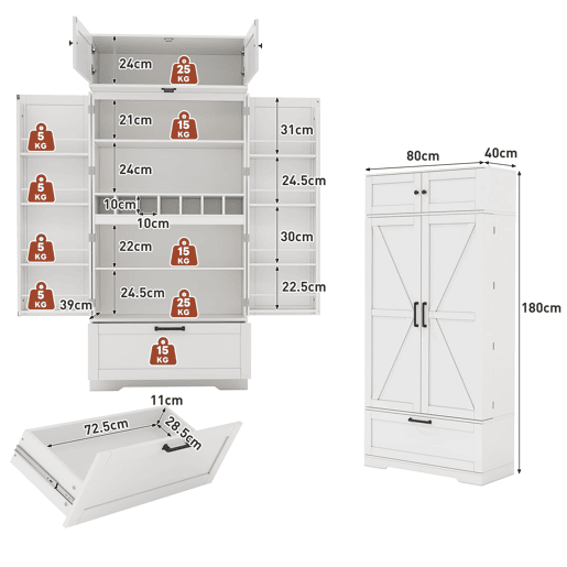 Aparador 80x40x180 cm - prateleiras ajustáveis, gavetas, prateleira para vinho, portas com prateleiras - branco