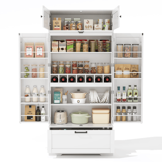 Aparador 80x40x180 cm - prateleiras ajustáveis, gavetas, prateleira para vinho, portas com prateleiras - branco