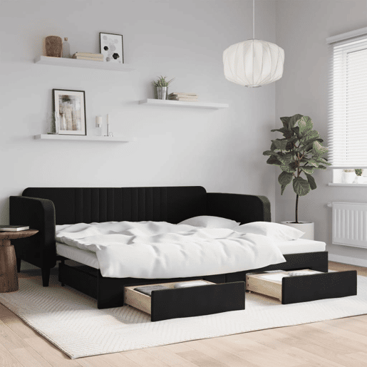 Sofá-cama, Sofá conversível com gavetão e gavetas 100x200 cm veludo preto