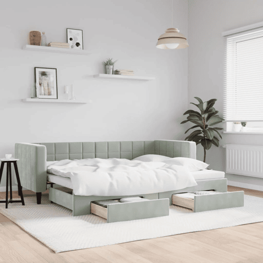 Sofá-cama, Sofá conversível c gavetão e gavetas 80x200 cm veludo cinzento-claro
