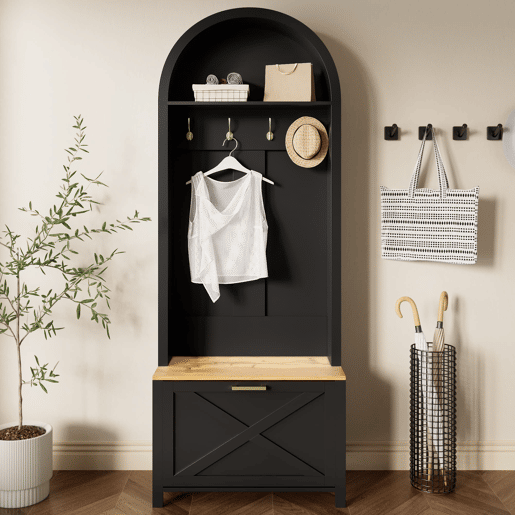 Móvel de entrada 75 L x 35 P x 195 A - Prateleira para sapatos, ganchos, design moderno - Preto, Madeira