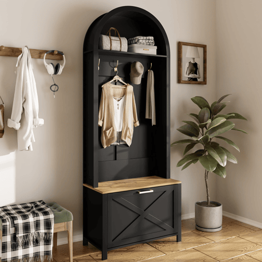 Móvel de entrada 75 L x 35 P x 195 A - Prateleira para sapatos, ganchos, design moderno - Preto, Madeira