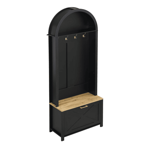 Móvel de entrada 75 L x 35 P x 195 A - Prateleira para sapatos, ganchos, design moderno - Preto, Madeira