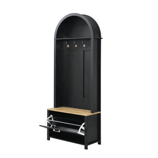 Móvel de entrada 75 L x 35 P x 195 A - Prateleira para sapatos, ganchos, design moderno - Preto, Madeira