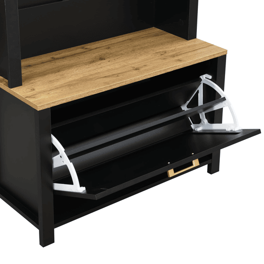 Móvel de entrada 75 L x 35 P x 195 A - Prateleira para sapatos, ganchos, design moderno - Preto, Madeira