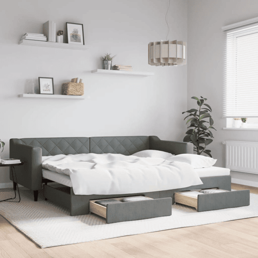 Sofá-cama, Sofá conversível c gavetão e gavetas 90x200 cm tecido cinzento-escuro Sofá-cama, Sofá conversível c gavetão e gavetas 90x200 cm tecido cinzento-escuro