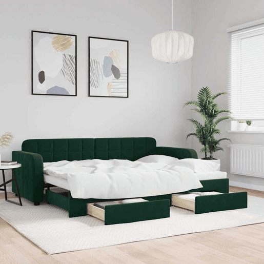 Sofá-cama, Sofá conversível c gavetão e gavetas 80x200cm veludo verde-escuro