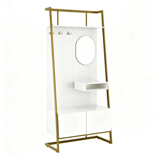 Móvel compacto para hall de entrada 78x38,5x180,5 cm - Com espelho, ganchos metálicos, banco para sapatos - Branco