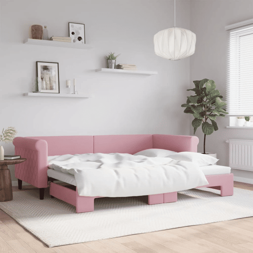 Sofá-cama, Sofá conversível com gavetão 90x200 cm veludo rosa Sofá-cama, Sofá conversível com gavetão 90x200 cm veludo rosa