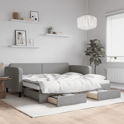 Sofá-cama, Sofá conversível c gavetão e gavetas 90x200 cm tecido cinzento-claro Sofá-cama, Sofá conversível c gavetão e gavetas 90x200 cm tecido cinzento-claro