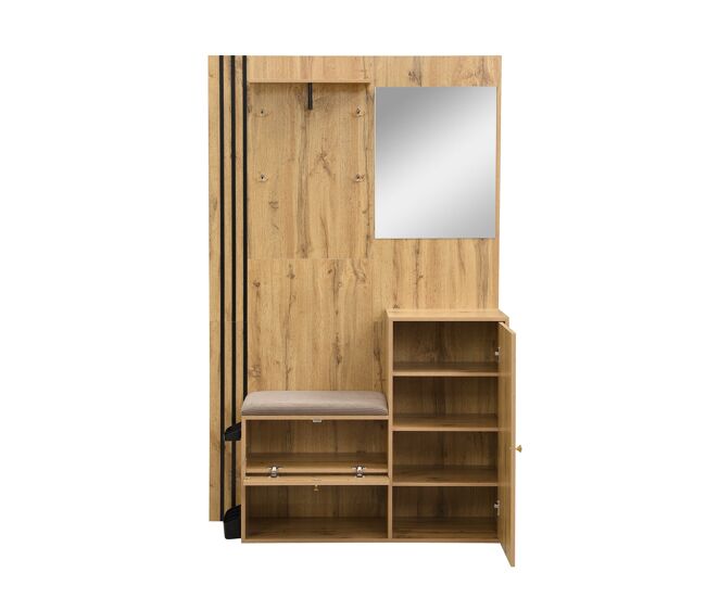 Mueble recibidor 115x185x37 cm - con espejo, cojín, estante para sombreros, y detalles en negro - color natural