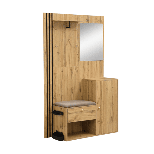 Móvel de entrada 115x185x37 cm - Com espelho, almofada, prateleira para chapéus e detalhes em preto - Cor natural