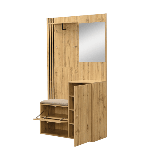 Móvel de entrada 115x185x37 cm - Com espelho, almofada, prateleira para chapéus e detalhes em preto - Cor natural