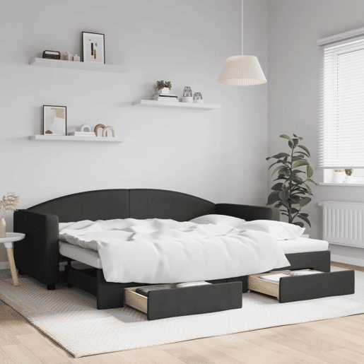 Sofá-cama, Sofá conversível com gavetão e gavetas 90x200 cm tecido preto Sofá-cama, Sofá conversível com gavetão e gavetas 90x200 cm tecido preto