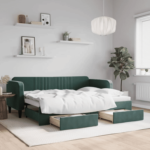 Sofá-cama, Sofá conversível c gavetão e gavetas 80x200cm veludo verde-escuro Sofá-cama, Sofá conversível c gavetão e gavetas 80x200cm veludo verde-escuro