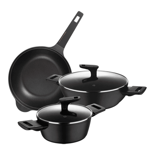 Conjunto de 2 caçarolas baixas Ø20cm (2,2L) + Ø28cm (4,2L) com tampas em alumínio forjado + wok Ø30cm em alumínio fundido Copper Bergner