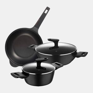 Conjunto de 2 caçarolas baixas Ø20cm (2,2L) + Ø28cm (4,2L) com tampas em alumínio forjado + wok Ø30cm em alumínio fundido Copper Bergner