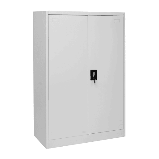 Armário de escritório com prateleira e 2 portas com fechadura em metal cinza 140x90x40cm 04_0001471