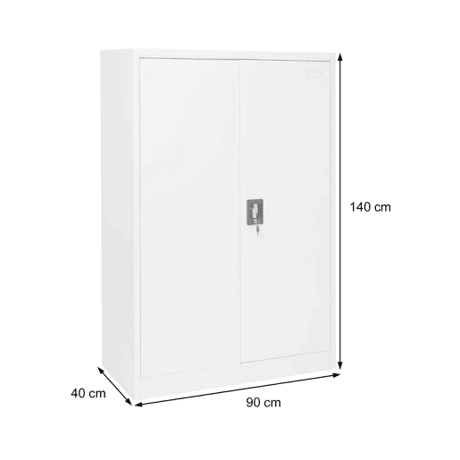 Armário de escritório com prateleira e 2 portas com fechadura em metal cinza 140x90x40cm 04_0001471