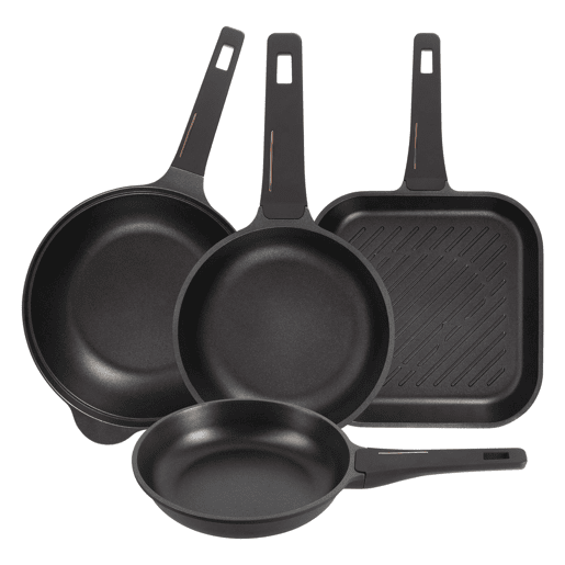 Conjunto de 2 frigideiras Ø24Ø28cm + grelha 28x28cm + wok Ø30cm em alumínio fundido, cor Preto Cobre, Bergner
