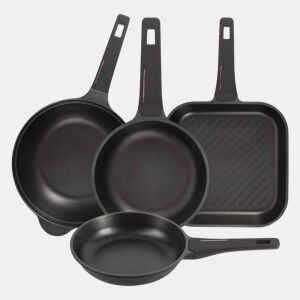 Conjunto de 2 frigideiras Ø24Ø28cm + grelha 28x28cm + wok Ø30cm em alumínio fundido, cor Preto Cobre, Bergner