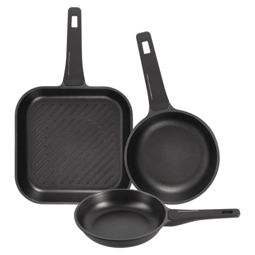Conjunto de 2 frigideiras Ø20Ø24cm + grelha 28x28cm em alumínio fundido, cor Preto Cobre, Bergner