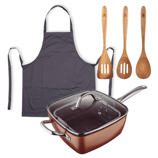 Conjunto de frigideira quadrada de alumínio prensado 24x24cm + 3 utensílios de cozinha de madeira + avental cinza 100% algodão da Optimum Copper Bergner