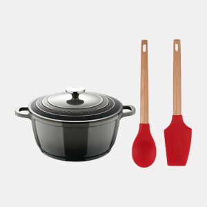 Conjunto de caçarola EXCALIBUR Bergner de 20 cm e 2,4 L com tampa de alumínio fundido + 2 utensílios de cozinha (colher e espátula) com cabo de silicone e madeira.