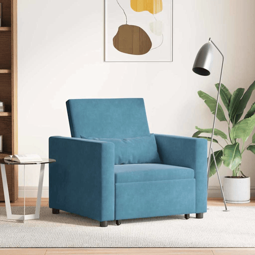 Sofá cama, Sofá conversível single com rodas Azul 90 x 165 x 87 cm Veludo