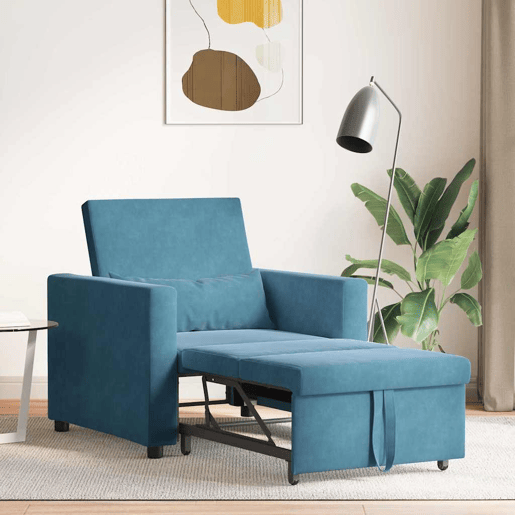 Sofá cama, Sofá conversível single com rodas Azul 90 x 165 x 87 cm Veludo