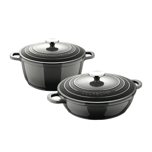 Conjunto de panelas EXCALIBUR Bergner em alumínio fundido: caçarola de 20 cm (Ø20 cm) - 2,4 L e caçarola baixa de 24 cm (Ø24 cm) - 2,3 L na cor cinza.