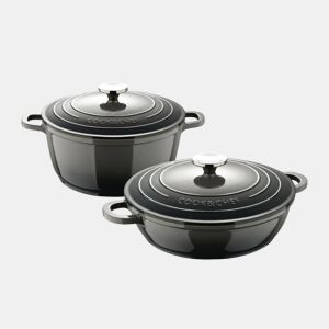 Conjunto de panelas EXCALIBUR Bergner em alumínio fundido: caçarola de 20 cm (Ø20 cm) - 2,4 L e caçarola baixa de 24 cm (Ø24 cm) - 2,3 L na cor cinza.