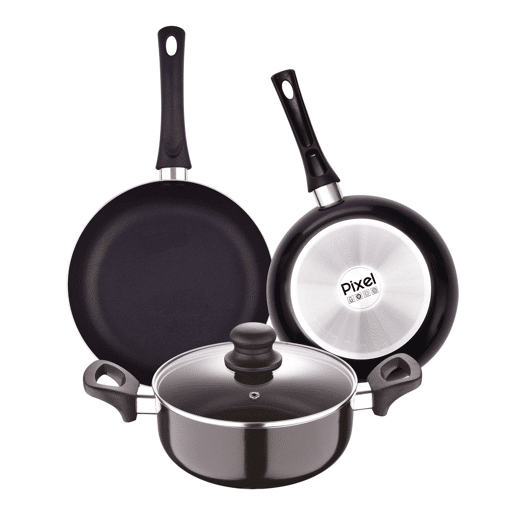Conjunto PIXEL Chef Sauce com 2 frigideiras Ø20Ø24cm + panela com tampa Ø24cm em alumínio prensado e antiaderente