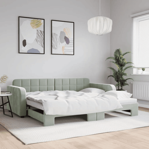 Sofá-cama, Sofá conversível com gavetão 90x190 cm veludo cinzento-claro