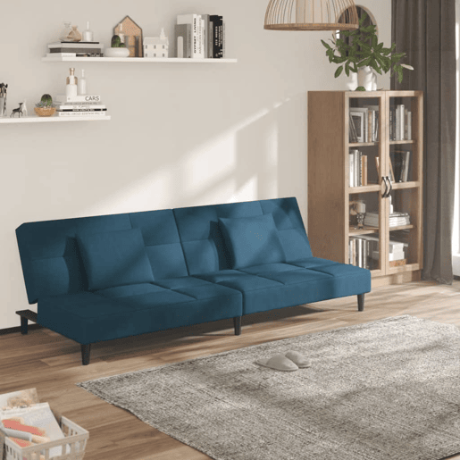Sofá-cama, Sofá conversível 2 lugares com duas almofadas veludo azul