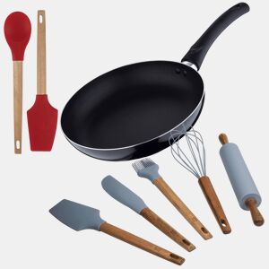 Conjunto de frigideira Ø24x4,5cm em alumínio prensado + 2 utensílios de cozinha (colher e espátula, vermelhas) + 5 utensílios de cozinha em silicone PIXEL Chef Sauce