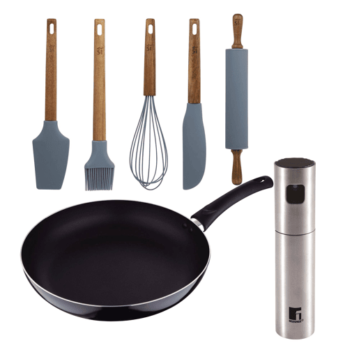 Conjunto de panela PIXEL Chef (Ø24x4,5cm) + borrifador de azeite e vinagre (Ø4x17,5cm) + conjunto de 5 utensílios de cozinha de silicone