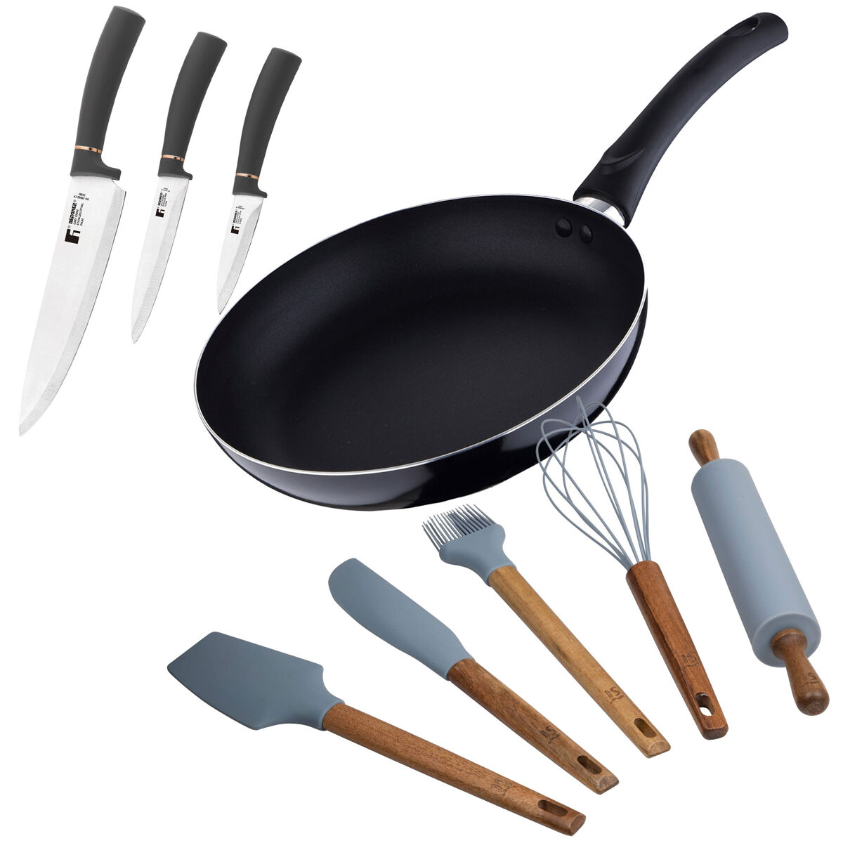 Juego de sartén ø24x4,5cm aluminio prensado + 3 cuchillos:chef,multiusos,pelador acero inoxidable+ 5 utensilios de cocina en silicona pixel chef sauce