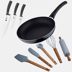 Conjunto de frigideiras Ø24x4,5cm em alumínio prensado + 3 facas: Chef, Multiuso e Descascador em aço inoxidável + 5 utensílios de cozinha em silicone PIXEL Chef Sauce