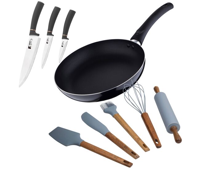 Juego de sartén ø24x4,5cm aluminio prensado + 3 cuchillos:chef,multiusos,pelador acero inoxidable+ 5 utensilios de cocina en silicona pixel chef sauce